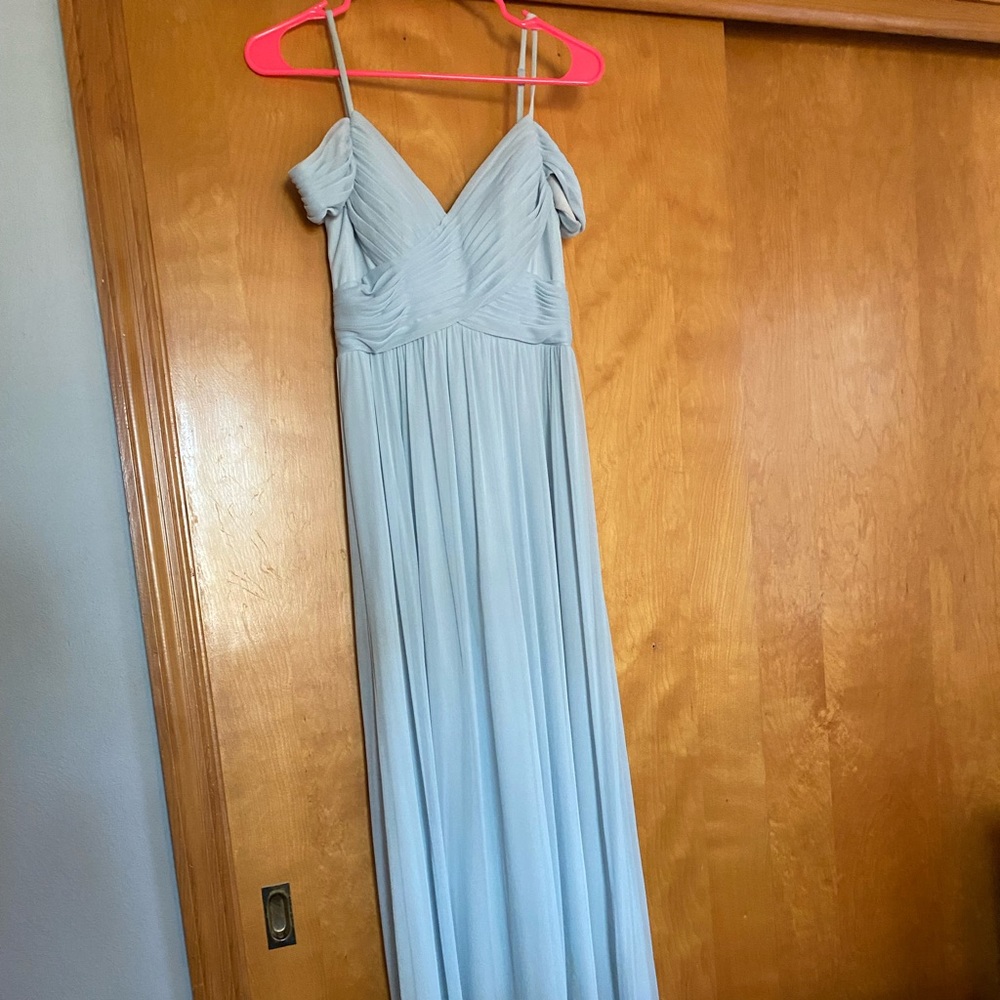Light blue Azazie bridesmaid dress, off the shoulder